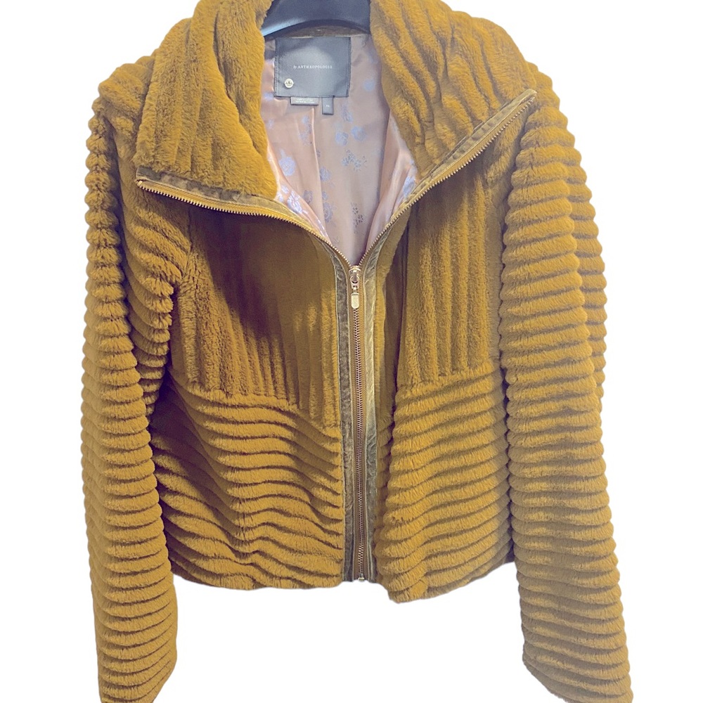 Anthropology faux fur satin jackets & coats mustard gold